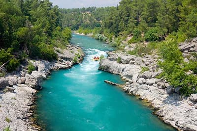 Team paddling together down rapids